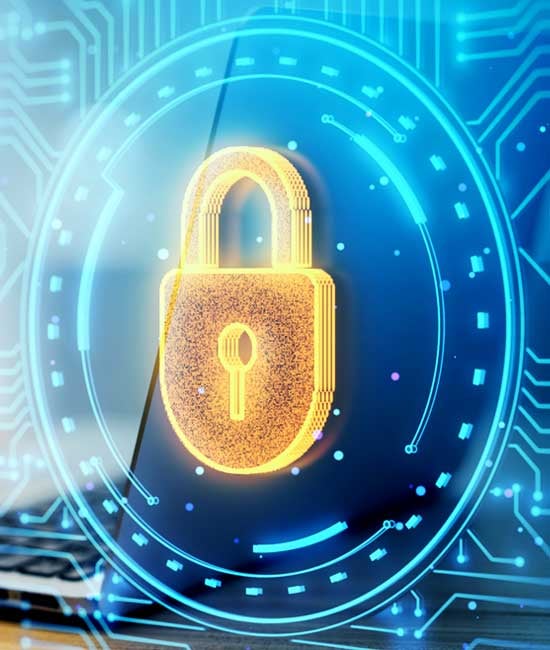 Glowing digital padlock symbolizing built-in cybersecurity protection and cyber incident resilience for businesses