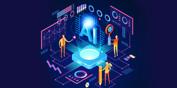 Image for blog post How AI Will Help Businesses Improve Operations Over the Next Few Years where workers are using AI to perform daily tasks at work on a purple background.