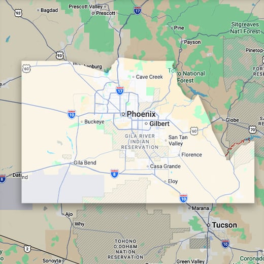 Map image of the Phoenix Area in Arizona which highlights Phoenix as a Service Area for One Step Secure IT.