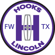 Circle featuring Hooks Lincoln logo in purple on white with black border.