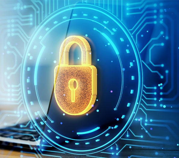 Glowing digital padlock symbolizing built-in cybersecurity protection and cyber incident resilience for businesses.
