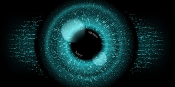 Image of a blue-green digital eye over a dark background symbolizing that online your information is easily visible by others.