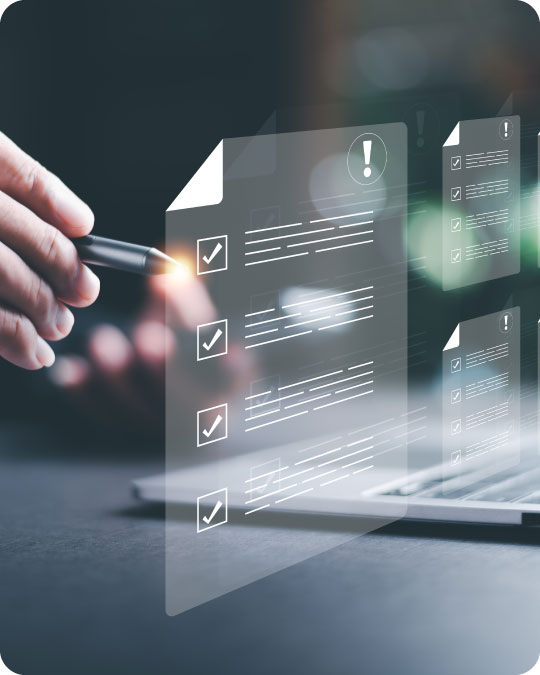 A hand with a digital pen checking off the cybersecurity risk assessment being conducted.