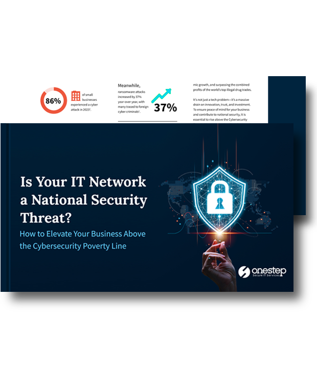 Image of the cover for Is Your IT Network a National Security Threat? eBook and one of its interior pages displayed in the back.