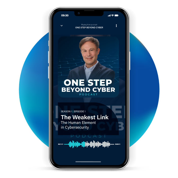 Image of a mobile phone on top of a blue gradient circle displaying the podcast One Step Beyond Cyber
